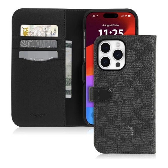 COACH Leather iPhone 15 Pro Folio Smartphone Slim Wrap Case Black Gray - Picture 1 of 8